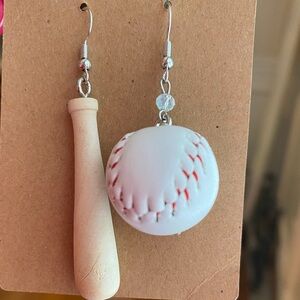 Hand Crafted Asymmetrical Beaded Baseball and Bat Dangle Earrings